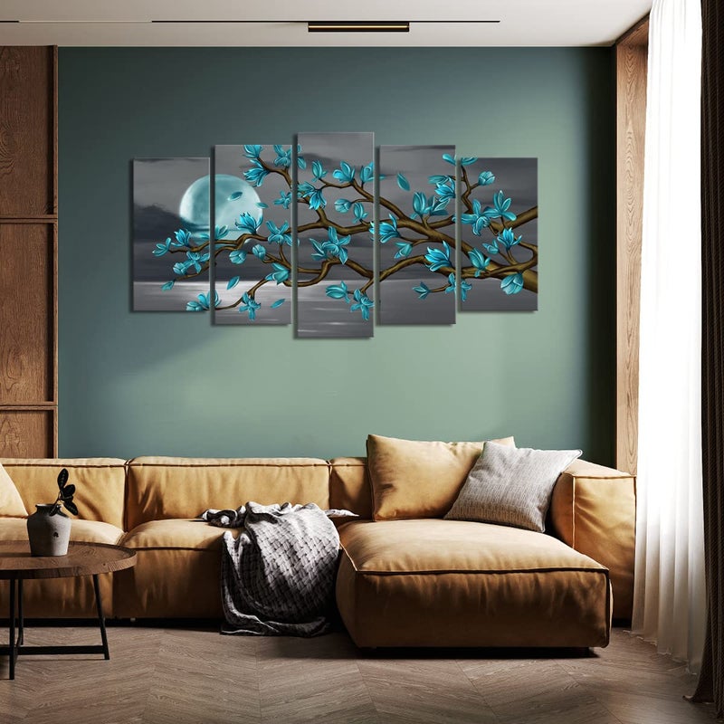 Visual Art Decor Turquoise Flower Tree Wall Art Large Canvas Wall Art Framed for Living Room Bedroom Teal Bedroom Decoration, Large 5 Pieces, Overall 60inchx32inch - Image 4